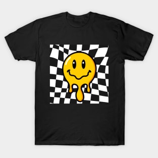 Funny 70s Melting Yellow Smile Face Cute Checkered Smiling Happy T-Shirt